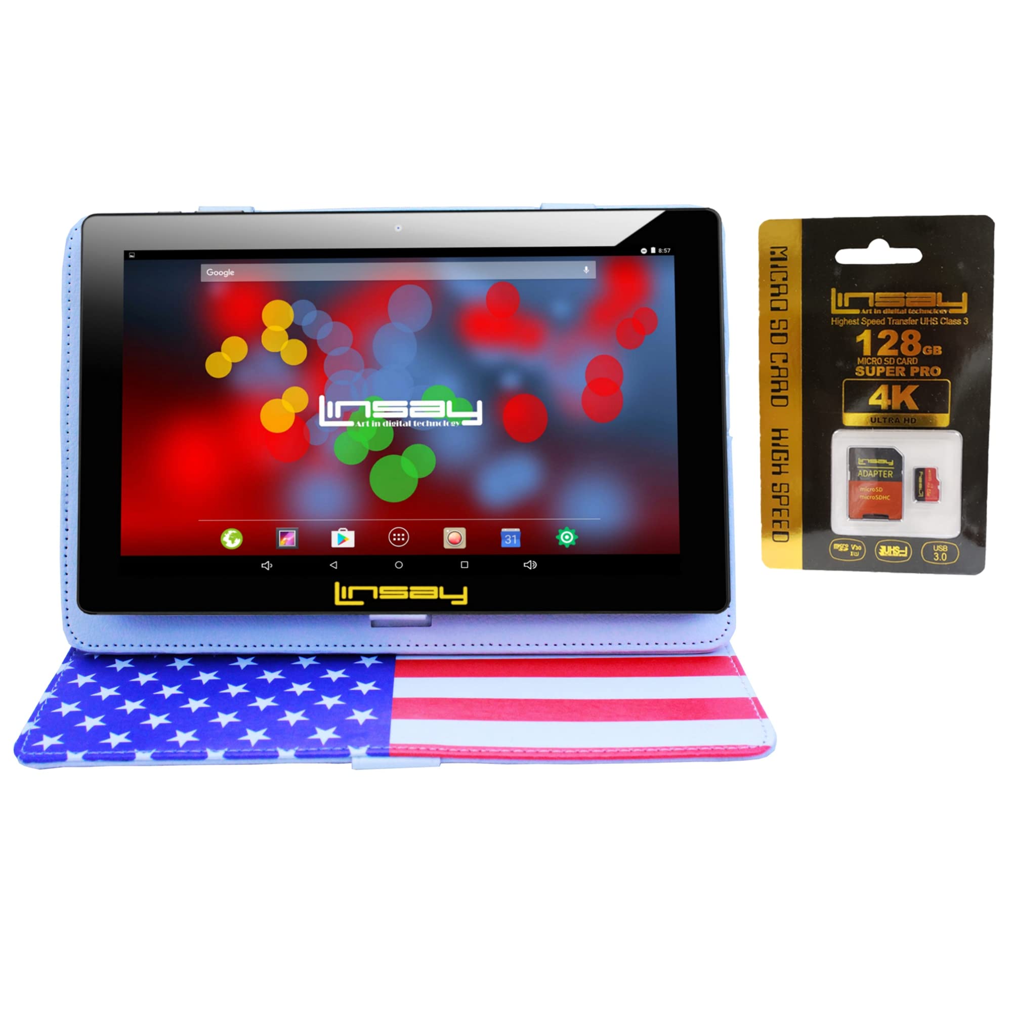 LINSAY 10.1" 1280x800 IPS 32GB Android 11 Tablet with USA Style Leather Case and 128GB Micro SD Card