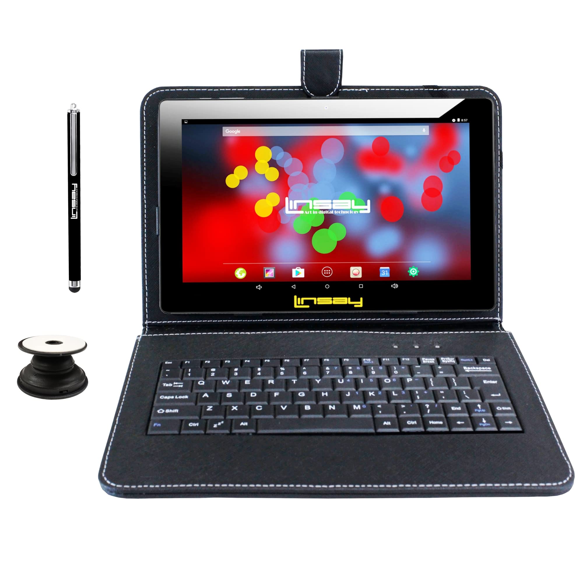 LINSAY 10.1" 1280x800 IPS 2GB RAM 32GB Android 11 Tablet with Black Keyboard, Backpack, Pop Holder and Pen Stylus