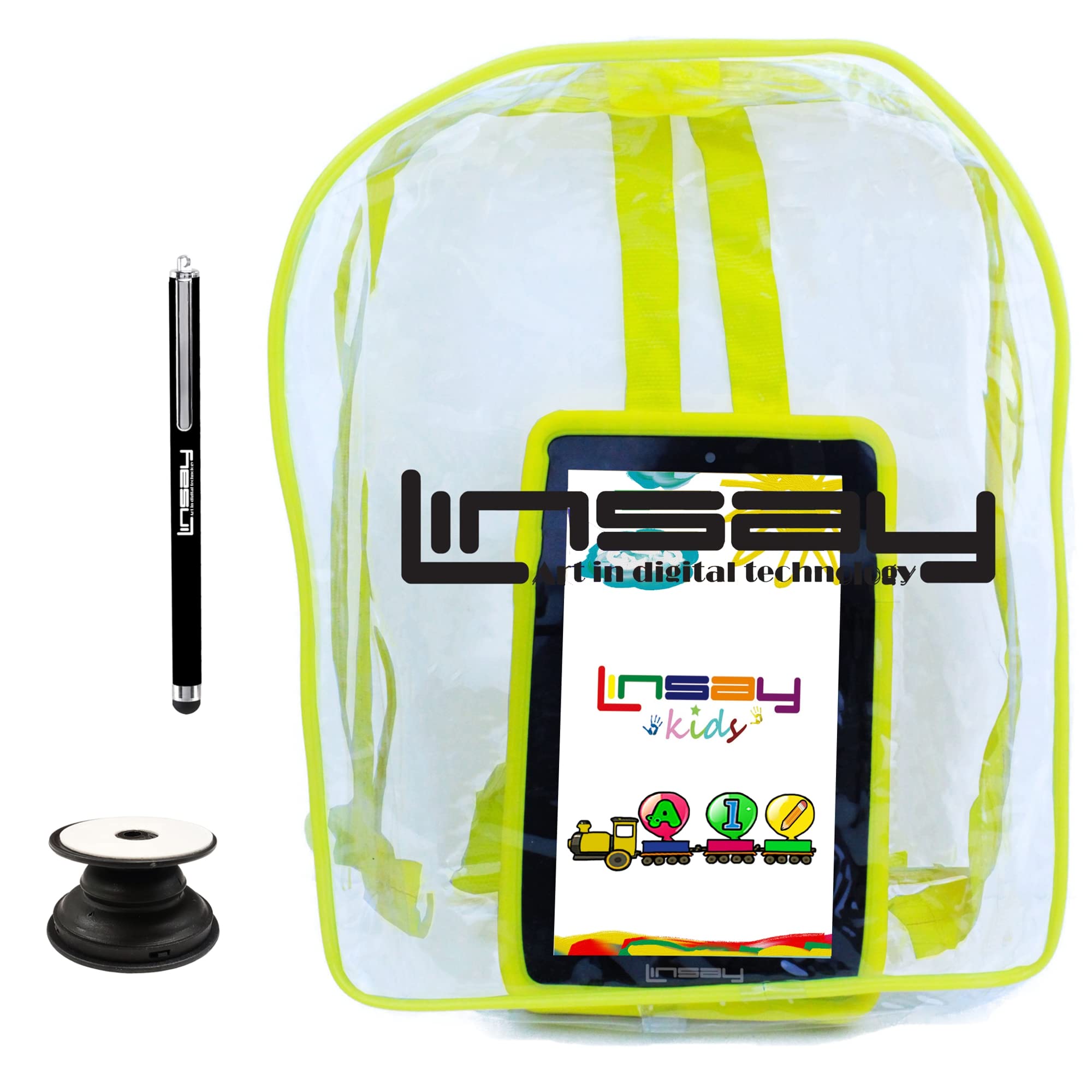 LINSAY 7" 2GB RAM 32GB Storage Android 12 Tablet with Yellow Kids Defender Case, Backpack, Pop Holder and Pen Stylus