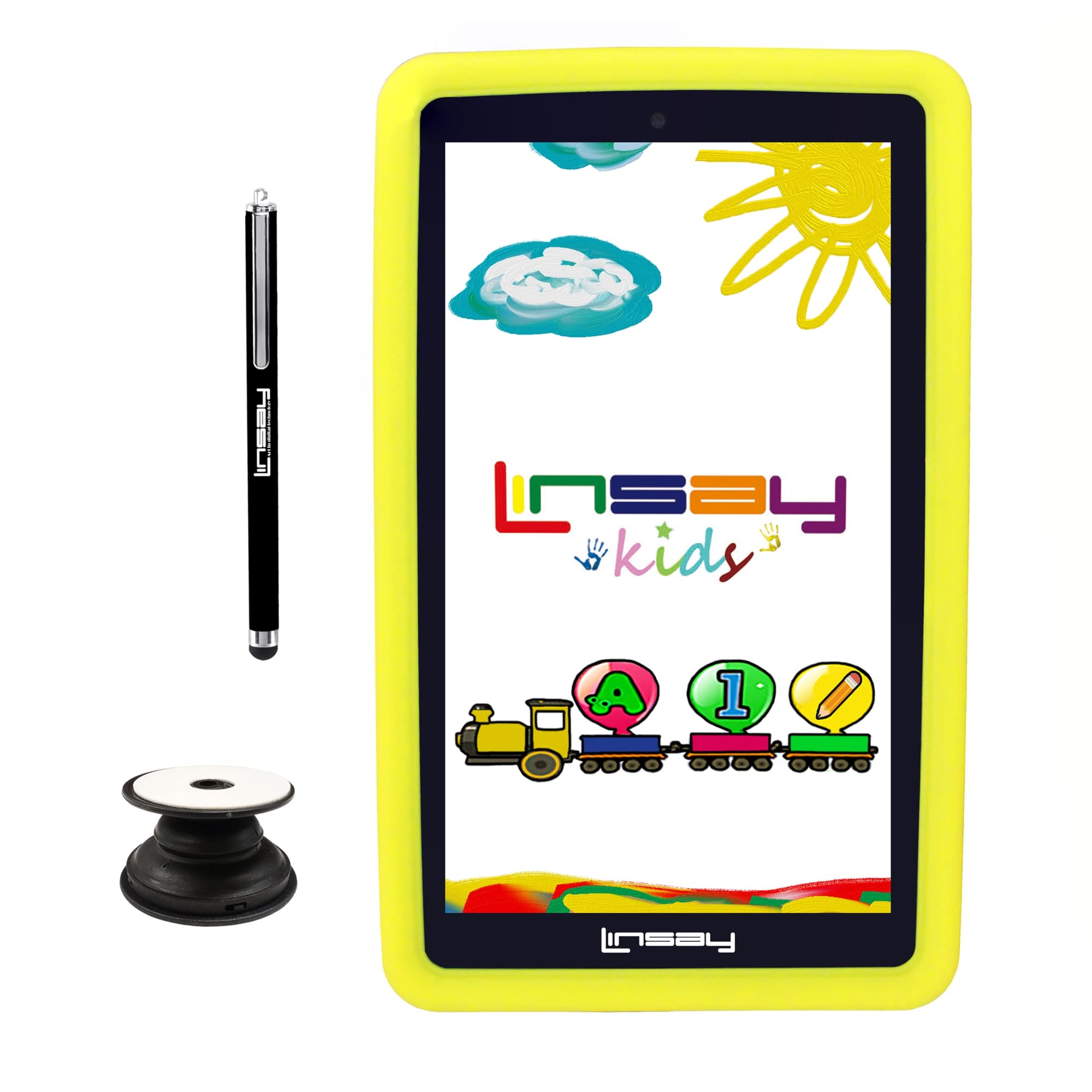 LINSAY 7" 2GB RAM 32GB Storage Android 12 Tablet with Yellow Kids Defender Case, Backpack, Pop Holder and Pen Stylus