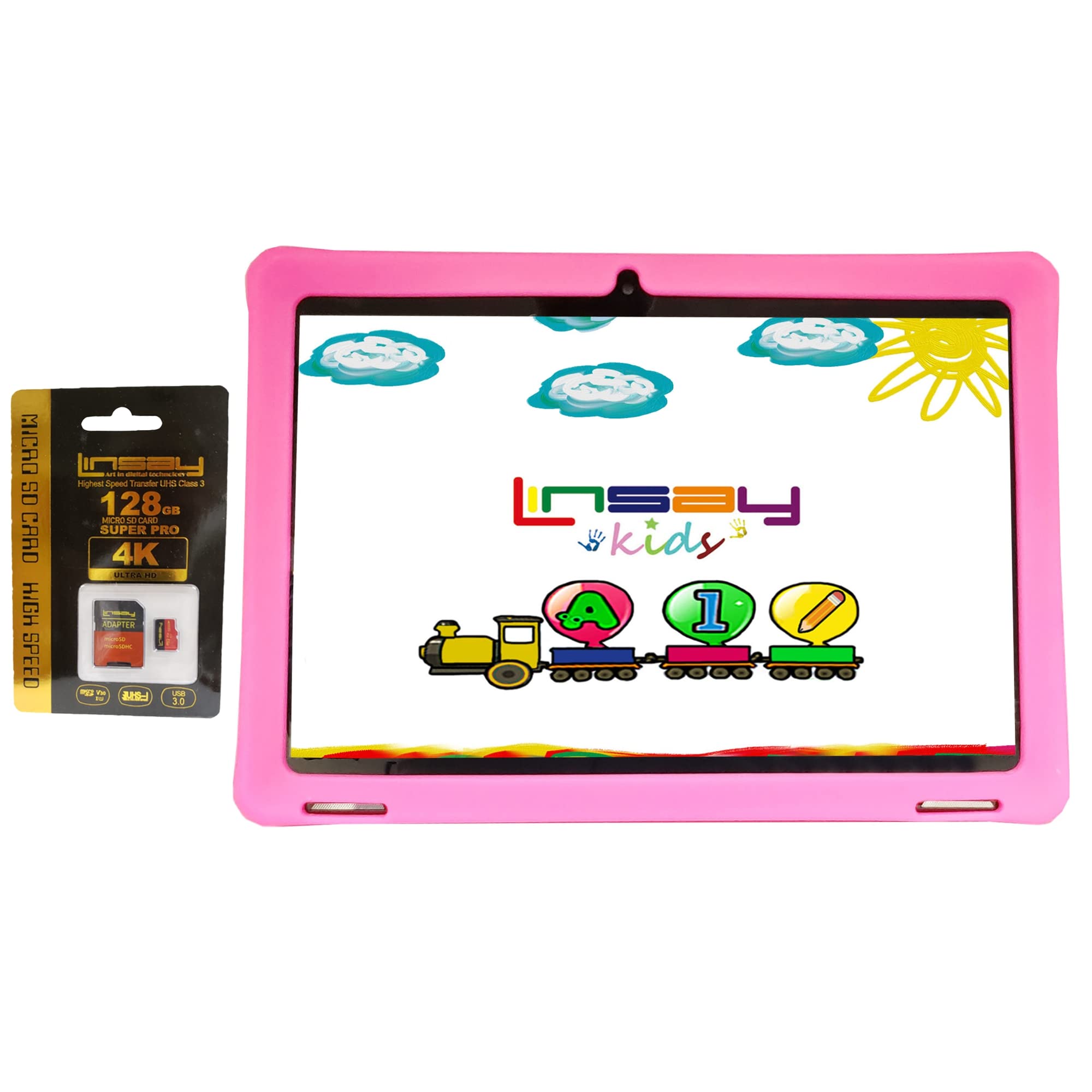 LINSAY 10.1" 1280x800 IPS 64GB Android 13 Tablet with Kids Pink Defender Case and 128GB Micro SD Card