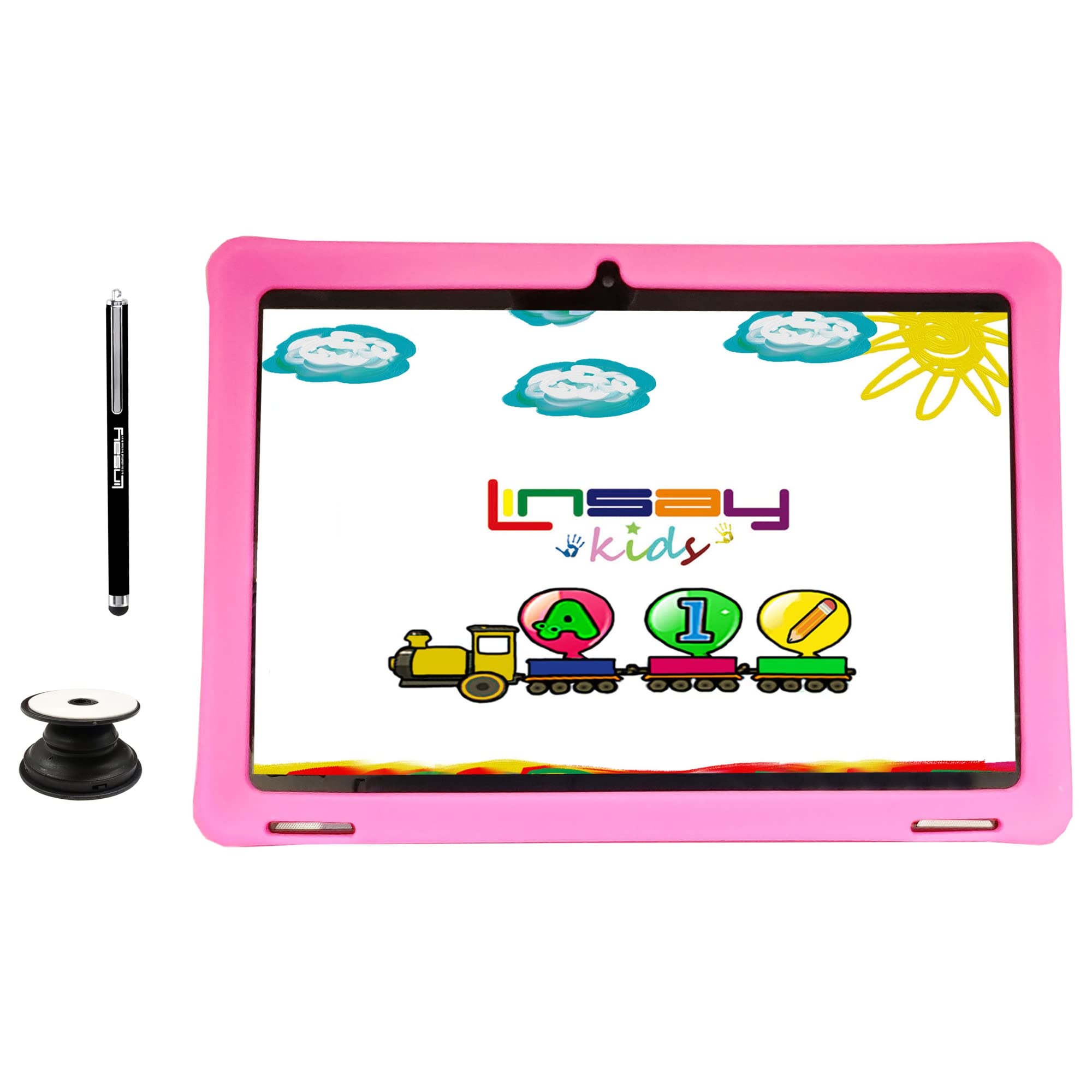 LINSAY 10.1" 1280x800 IPS 2GB RAM 64GB Android 13 Tablet with Kids Pink Defender Case, Backpack, Pop Holder and Pen Stylus