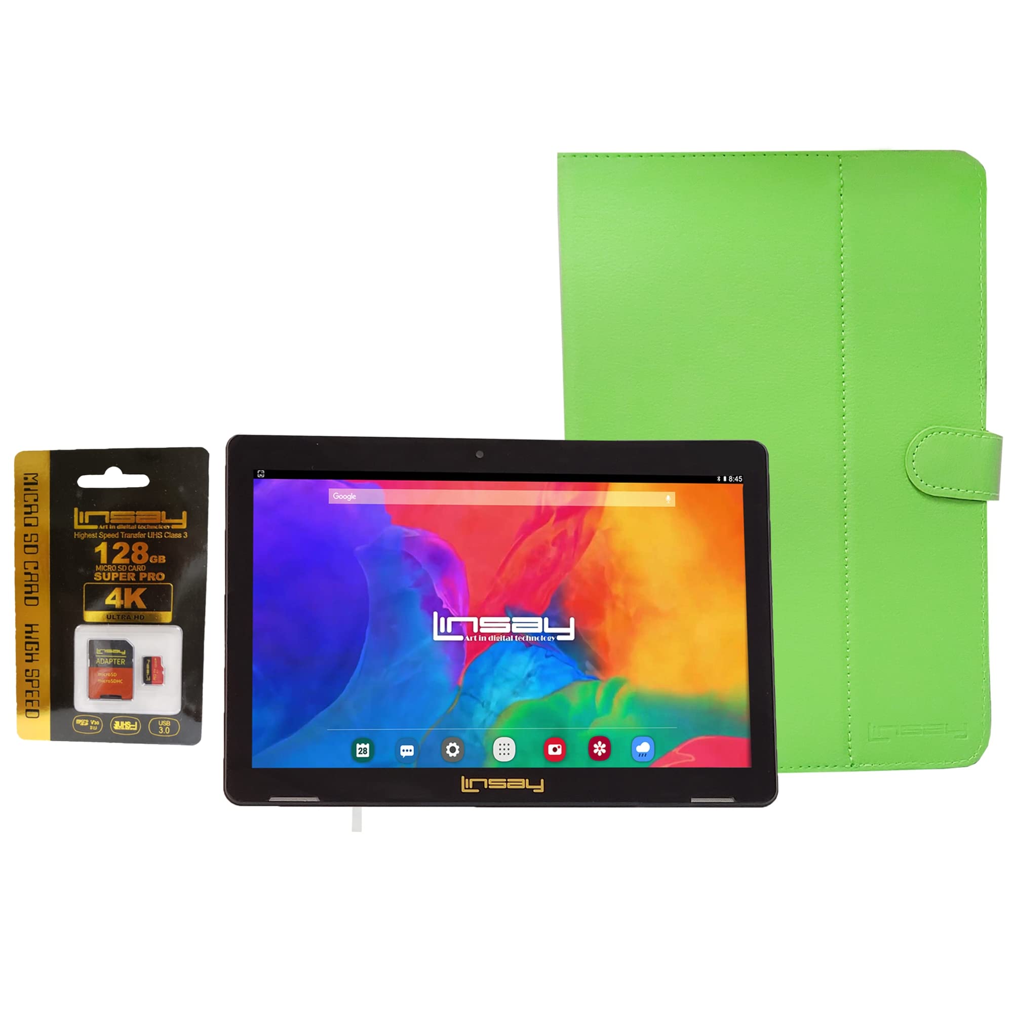 LINSAY 10.1" 1280x800 IPS 64GB Android 13 Tablet with Green Leather Case and 128GB Micro SD Card