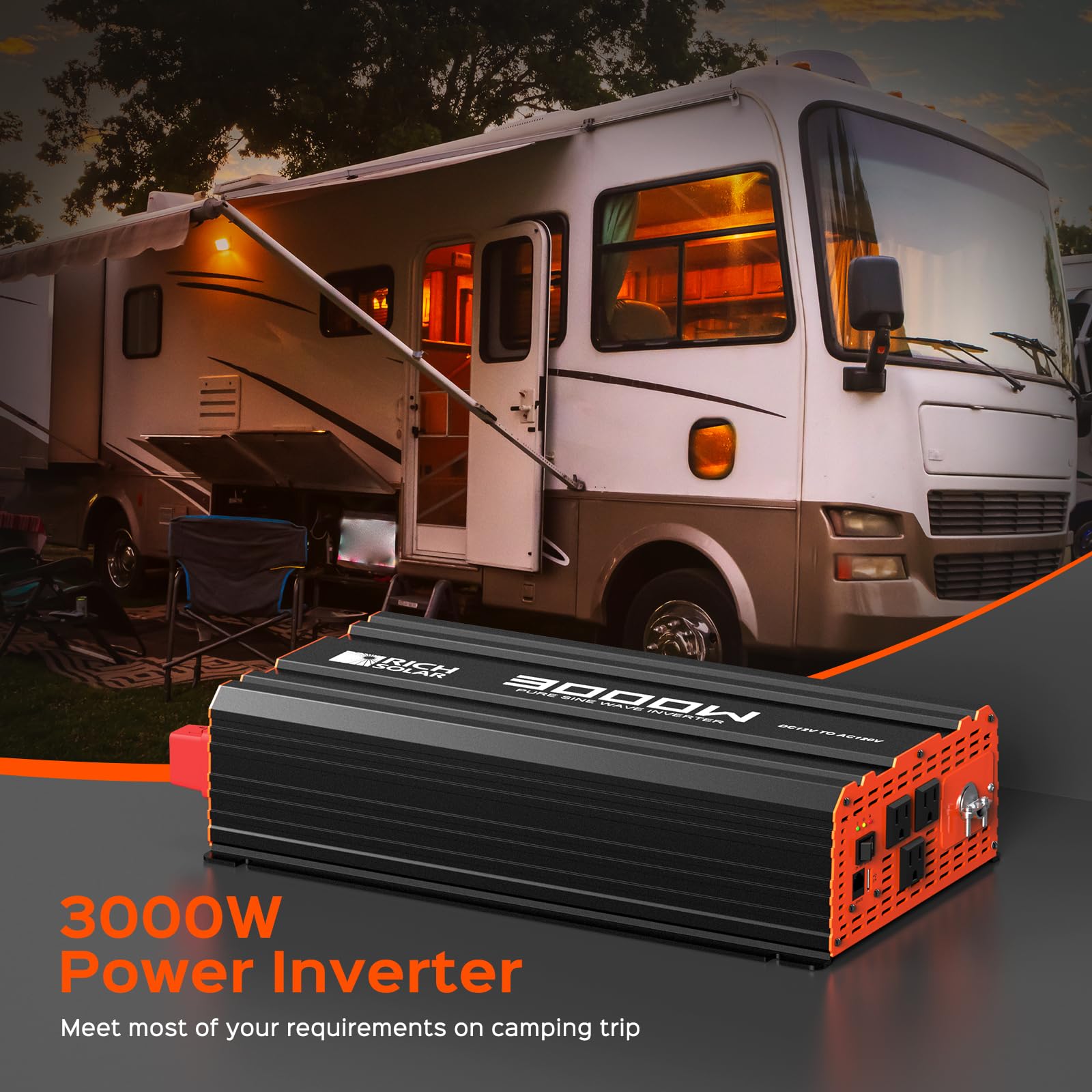 RICH SOLAR 3000 Watt 12 Volt Industrial Pure Sine Wave Inverter 12V DC to 110V AC Converter for RV Trailer Marine Off Grid Home