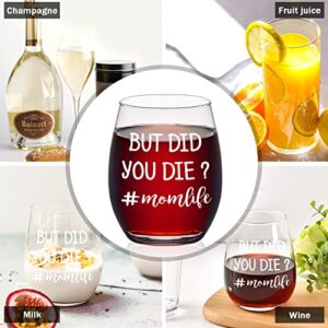 Futtumy Wine Gifts for Mom, But Did You Die? #Momlife Stemless Wine Glass for Women Mom New Mom Mother Wife, Funny Mothers Day Gift Christmas Gift Birthday Gift from Son Daughter Husband, 15oz