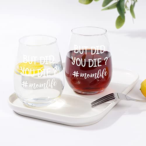 Futtumy Wine Gifts for Mom, But Did You Die? #Momlife Stemless Wine Glass for Women Mom New Mom Mother Wife, Funny Mothers Day Gift Christmas Gift Birthday Gift from Son Daughter Husband, 15oz