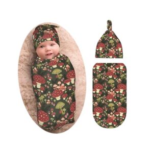 cute mushroom newborn swaddle blanket with beanie set, soft and stretchy baby blanket swaddle sack for boy and girl gift