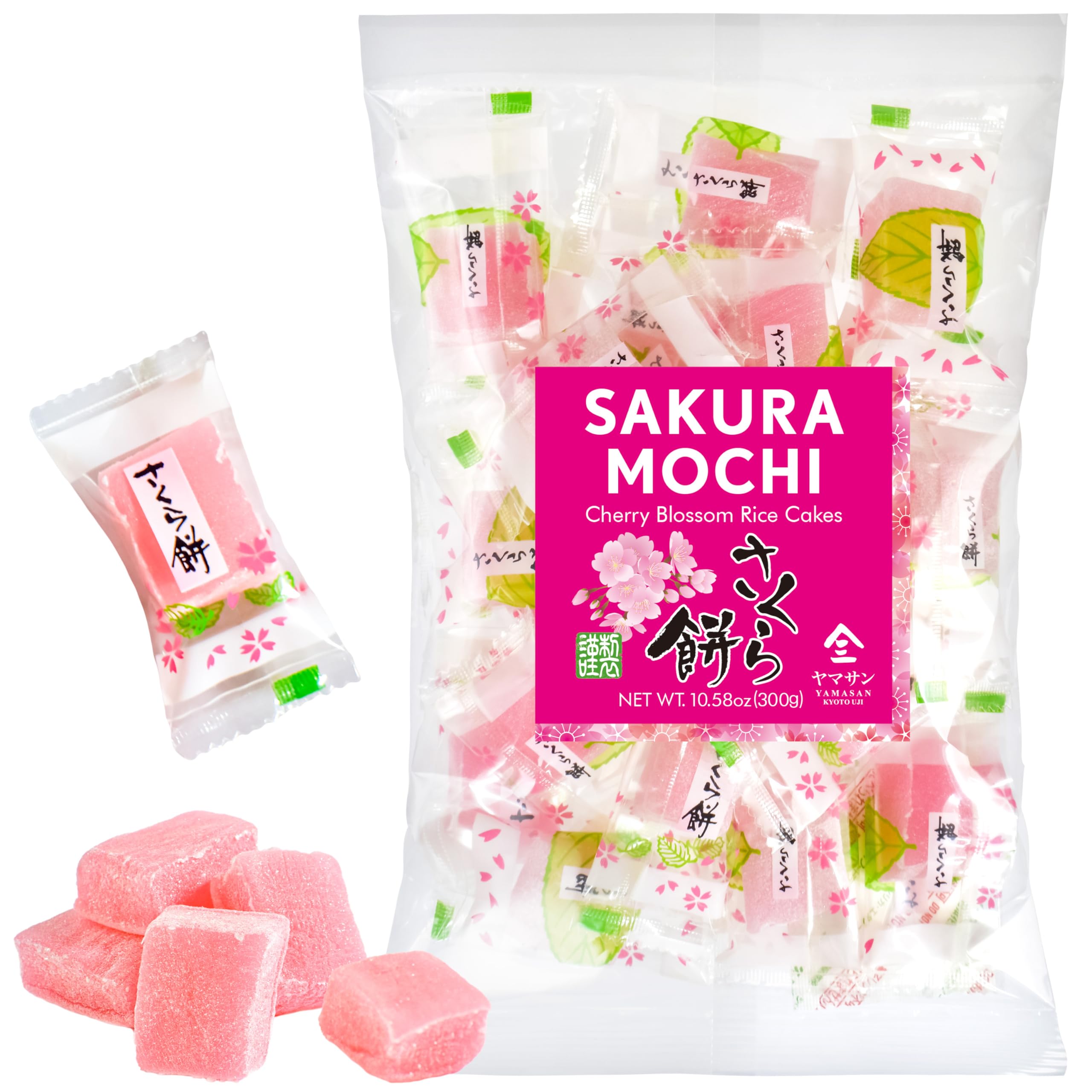 YAMASAN KYOTO UJI Japanese Sakura Mochi Candies -Real Traditional Cherry blossom Rice Cakes- Aromatic Flavor of Japanese Spring Soft and Chewy Texture Individually Wrapped 300g/10.58oz