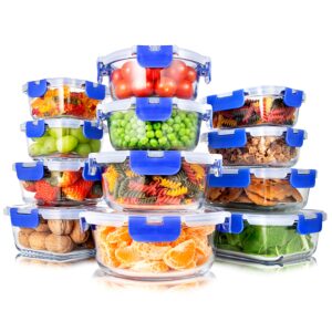 serenelife 24-piece food storage containers - superior glass food storage set, stackable design with newly innovated hinged locking lids, 11 to 35 oz. capacity, blue - slgl24bl