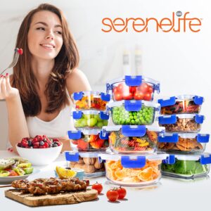 SereneLife 24-Piece Food Storage Containers - Superior Glass Food Storage Set, Stackable Design with Newly Innovated Hinged Locking lids, 11 To 35 Oz. Capacity, Blue - SLGL24BL