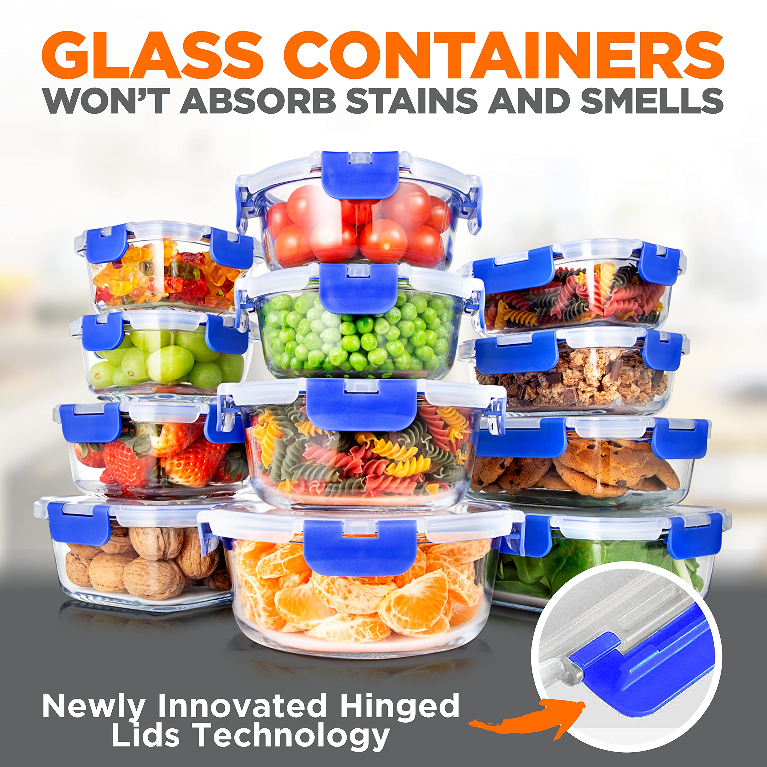 SereneLife 24-Piece Food Storage Containers - Superior Glass Food Storage Set, Stackable Design with Newly Innovated Hinged Locking lids, 11 To 35 Oz. Capacity, Blue - SLGL24BL