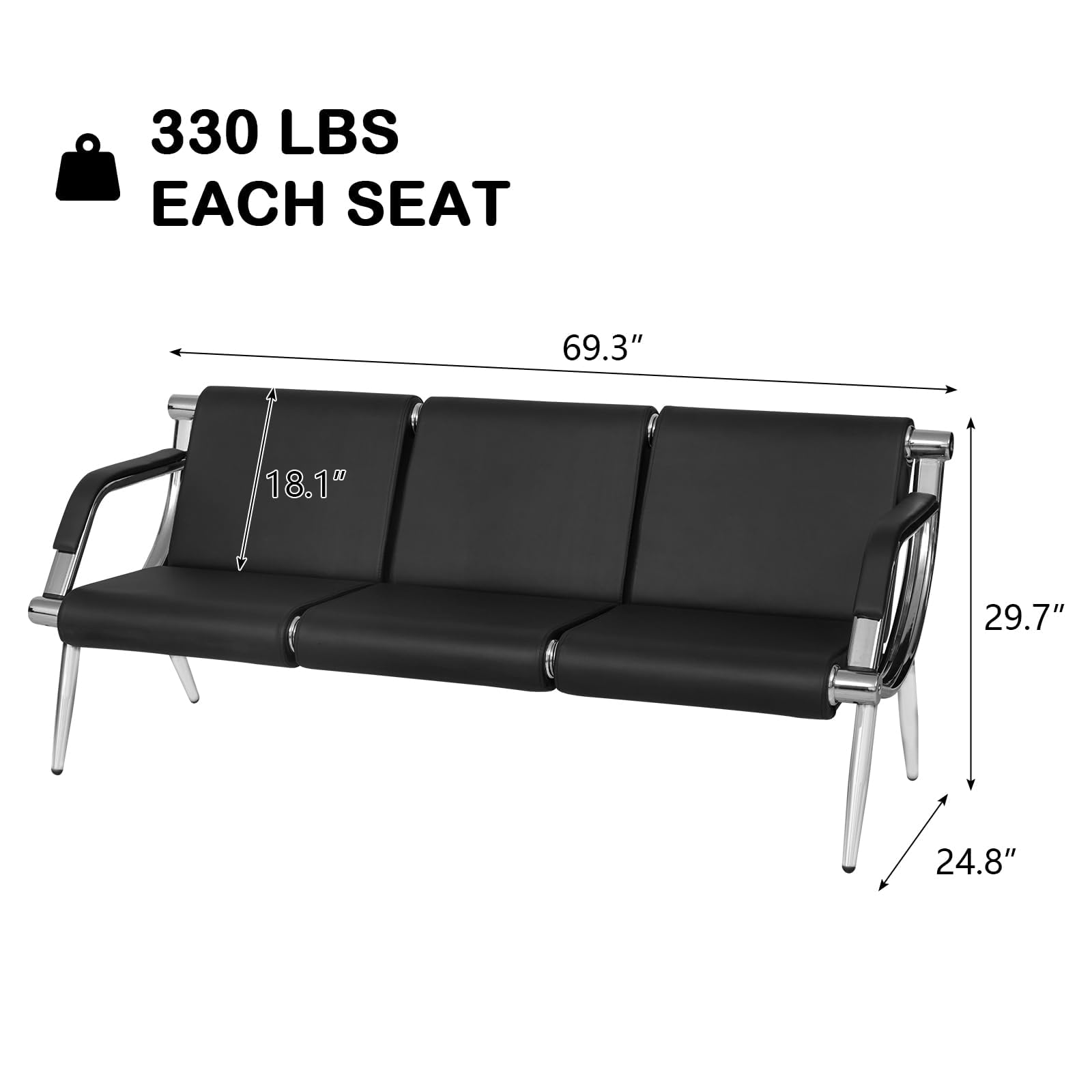 kinbor Waiting Room Bench - Office Guest Chairs 3-Seat Reception Furniture for Airport Clinic, Black