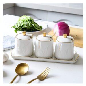 3pcs per Set Ceramic Condiment Pots with Tray, Seasoning Box Condiment Pots, Ceramic Sugar Bowl with Lids and Spoons, Container Spice Jar Salt Cellar for Kitchen (White)