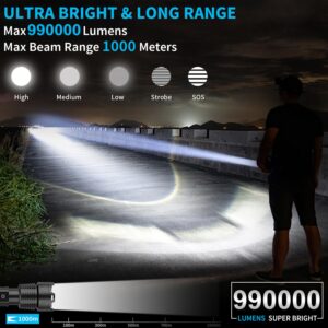 Alifa Rechargeable Led Flashlight 990000 High Lumens, Brightest Powerful Handheld Flashlight,Xhp160.9 Zoomable IPX5 Waterproof Super Bright Flashlight with 5 Modes