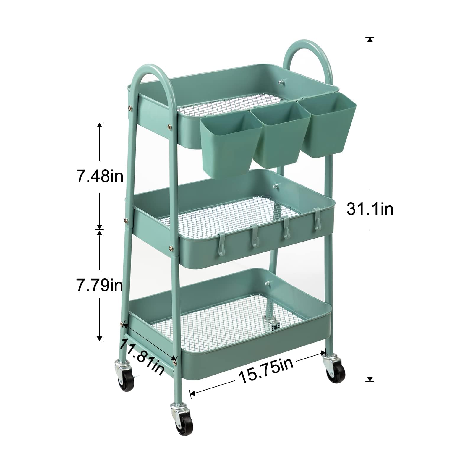 danpinera 3-Tier Rolling Cart, Metal Rolling Storage Cart with Lockable Wheels & Hanging Cups & Hooks, Mobile Trolley Cart for Kitchen, Bathroom, Office, Workshop, Green