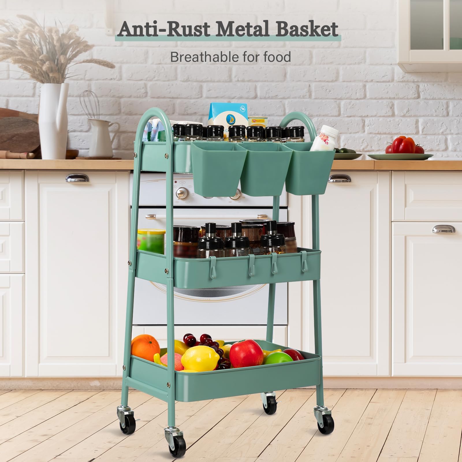 danpinera 3-Tier Rolling Cart, Metal Rolling Storage Cart with Lockable Wheels & Hanging Cups & Hooks, Mobile Trolley Cart for Kitchen, Bathroom, Office, Workshop, Green