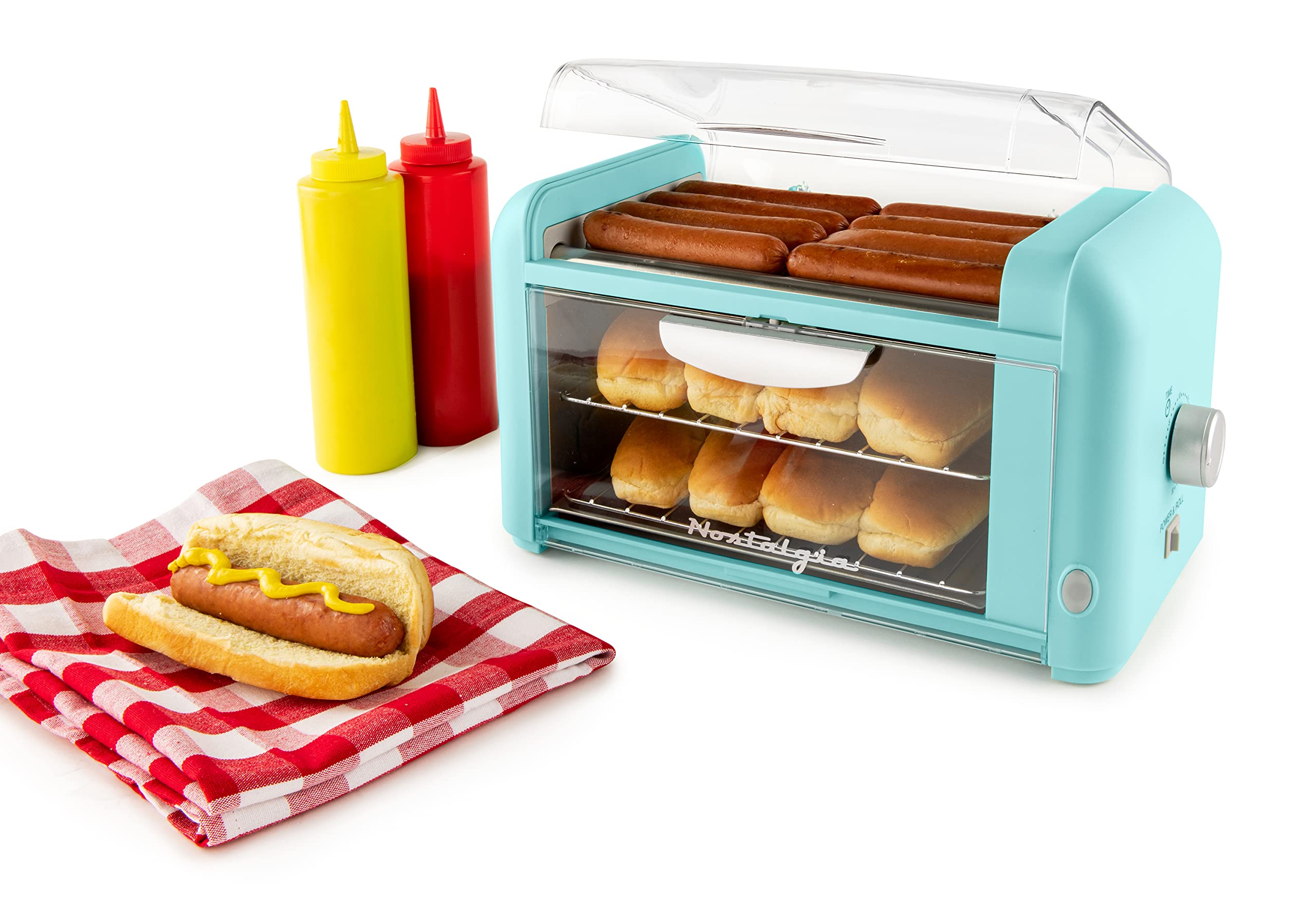 Nostalgia Extra Large 8-in-1 Hot Dog & Bun Warmer, Stainless Steel Grill Rollers, Non-stick Warming Racks, Adjustable Timer