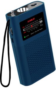 portable pocket am fm transistor radio powerful flashlight powered by 1500mah battery (included),ultra-long antenna best reception best sound quality (blue)