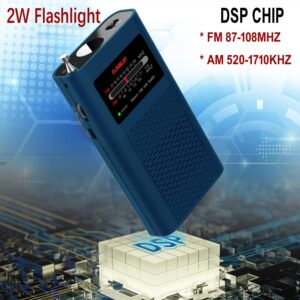 Portable Pocket AM FM Transistor Radio Powerful Flashlight Powered by 1500mah Battery (Included),Ultra-Long Antenna Best Reception Best Sound Quality (Blue)