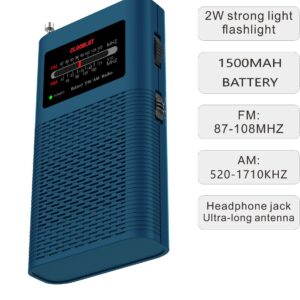 Portable Pocket AM FM Transistor Radio Powerful Flashlight Powered by 1500mah Battery (Included),Ultra-Long Antenna Best Reception Best Sound Quality (Blue)