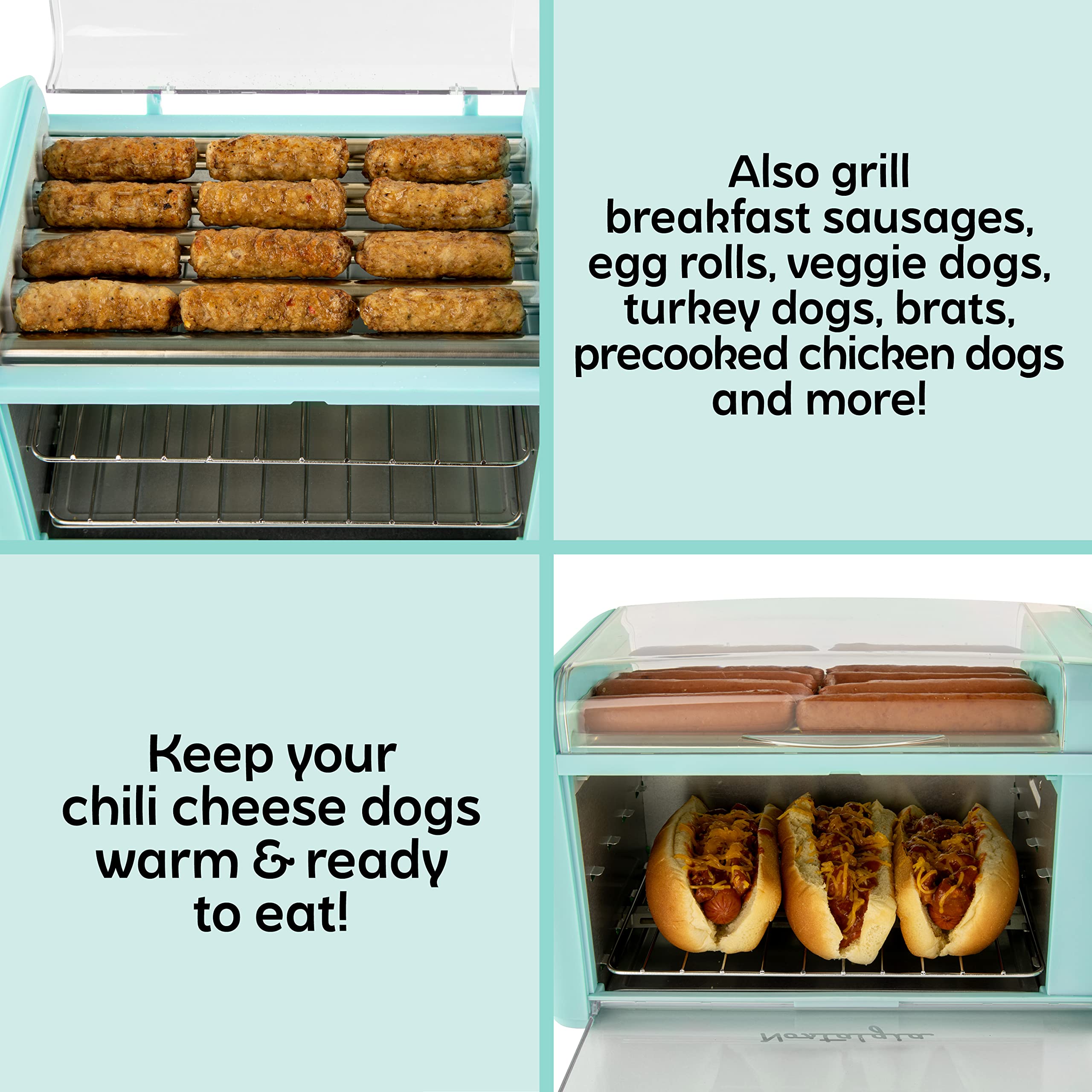 Nostalgia Extra Large 8-in-1 Hot Dog & Bun Warmer, Stainless Steel Grill Rollers, Non-stick Warming Racks, Adjustable Timer