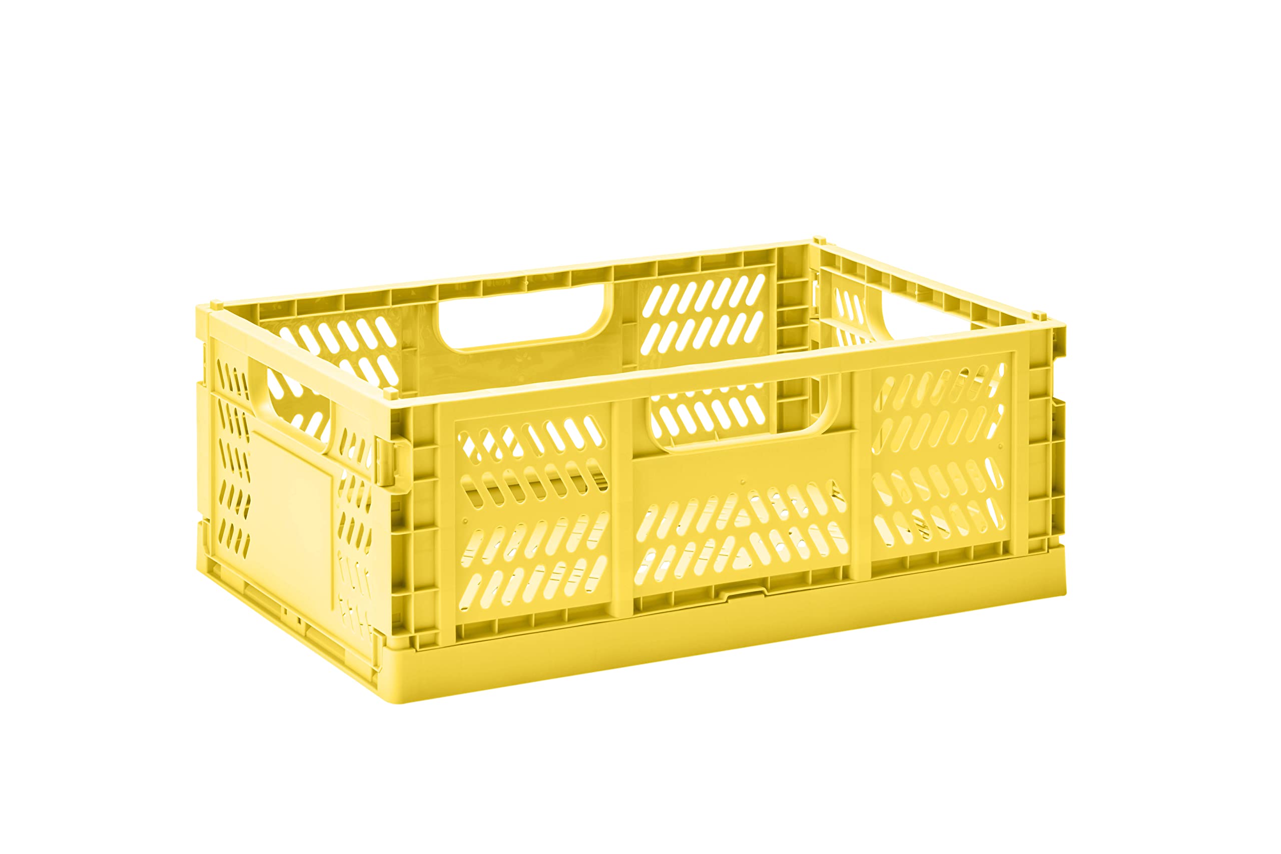 3 Sprouts Recycled Plastic Collapsible Crate - Stackable Folding Storage Crate for Organization for Adults & Kids - Foldable Plastic Crate - Large - Yellow