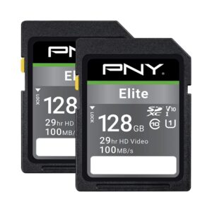 pny 128gb elite class 10 u1 v10 sdxc flash memory card 2-pack - 100mb/s read, class 10, u1, v10, full hd, uhs-i, full size sd