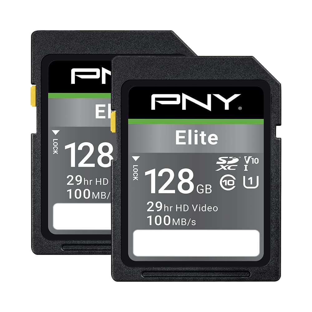 PNY 128GB Elite Class 10 U1 V10 SDXC Flash Memory Card 2-Pack - 100MB/s Read, Class 10, U1, V10, Full HD, UHS-I, Full Size SD