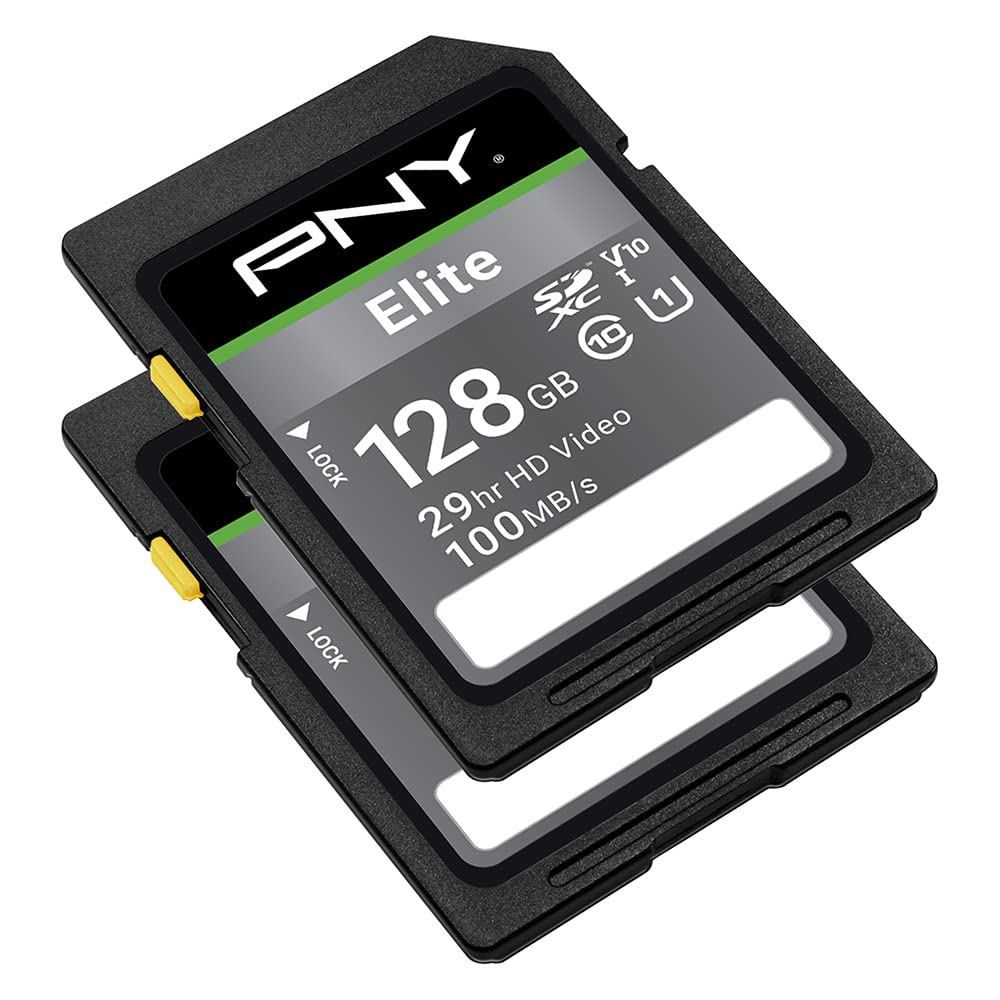 PNY 128GB Elite Class 10 U1 V10 SDXC Flash Memory Card 2-Pack - 100MB/s Read, Class 10, U1, V10, Full HD, UHS-I, Full Size SD