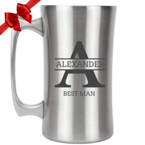 personalized beer mug: custom engraved stainless steel stein for men, groomsmen, dad - large 20 oz, laser engraved beer glass