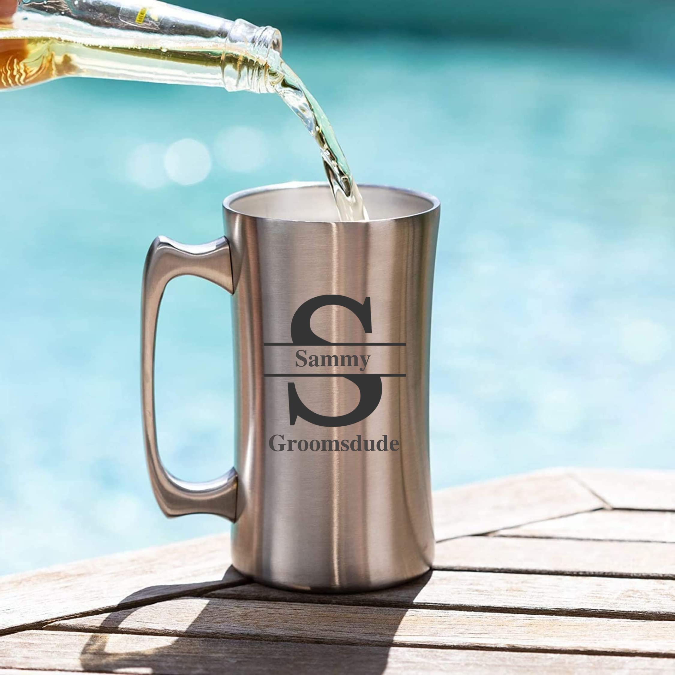 Personalized Beer Mug: Custom Engraved Stainless Steel Stein for Men, Groomsmen, Dad - Large 20 oz, Laser Engraved Beer Glass