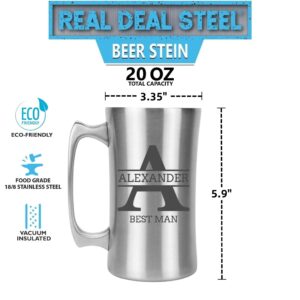 Personalized Beer Mug: Custom Engraved Stainless Steel Stein for Men, Groomsmen, Dad - Large 20 oz, Laser Engraved Beer Glass