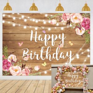 rustic wood floral birthday backdrop spring flower wood glitter happy birthday photography background for women photo booth props kids adult birthday wedding party cake table decoration