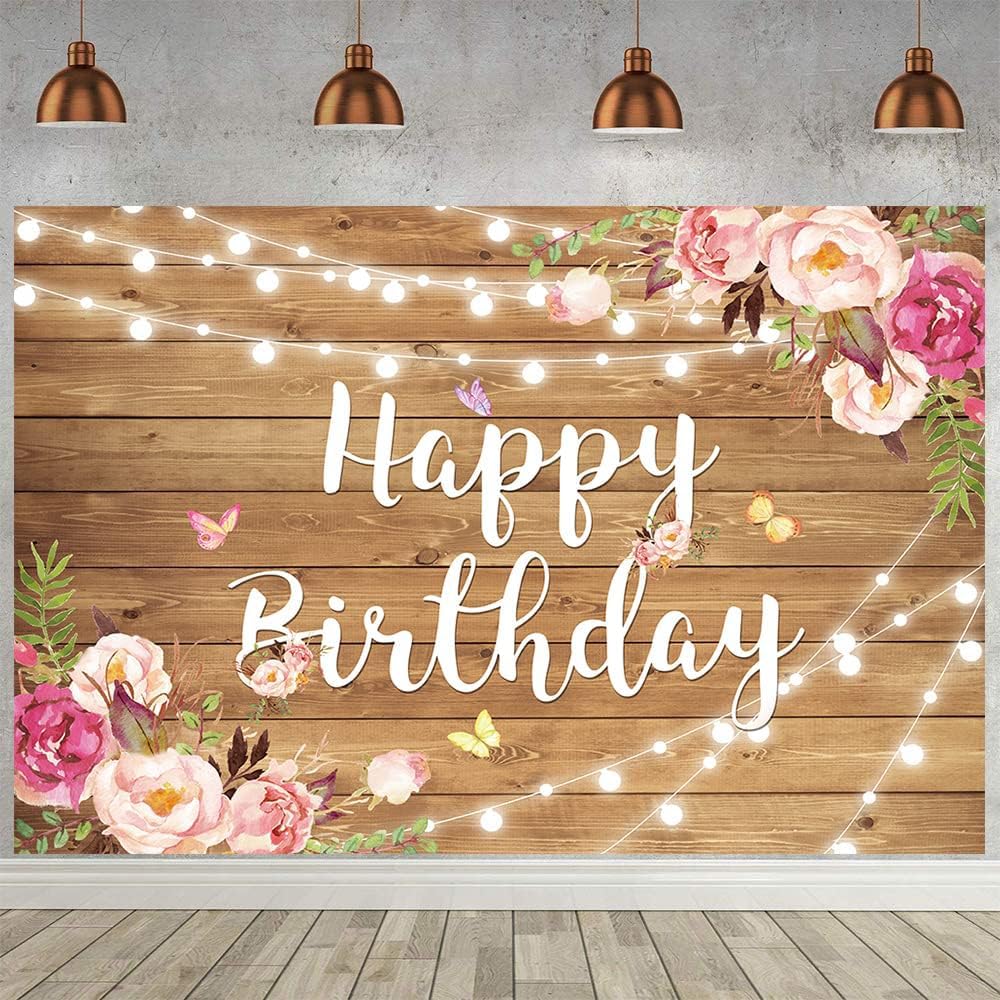 Rustic Wood Floral Birthday Backdrop Spring Flower Wood Glitter Happy Birthday Photography Background for Women Photo Booth Props Kids Adult Birthday Wedding Party Cake Table Decoration