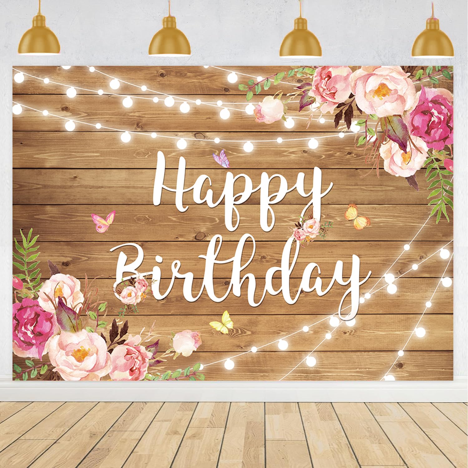 Rustic Wood Floral Birthday Backdrop Spring Flower Wood Glitter Happy Birthday Photography Background for Women Photo Booth Props Kids Adult Birthday Wedding Party Cake Table Decoration