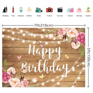 Rustic Wood Floral Birthday Backdrop Spring Flower Wood Glitter Happy Birthday Photography Background for Women Photo Booth Props Kids Adult Birthday Wedding Party Cake Table Decoration