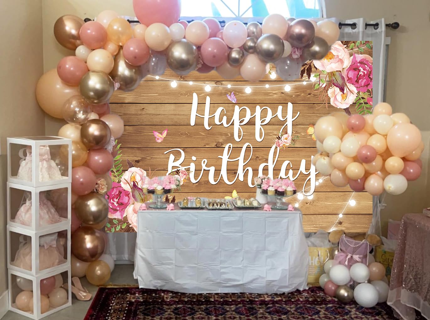 Rustic Wood Floral Birthday Backdrop Spring Flower Wood Glitter Happy Birthday Photography Background for Women Photo Booth Props Kids Adult Birthday Wedding Party Cake Table Decoration