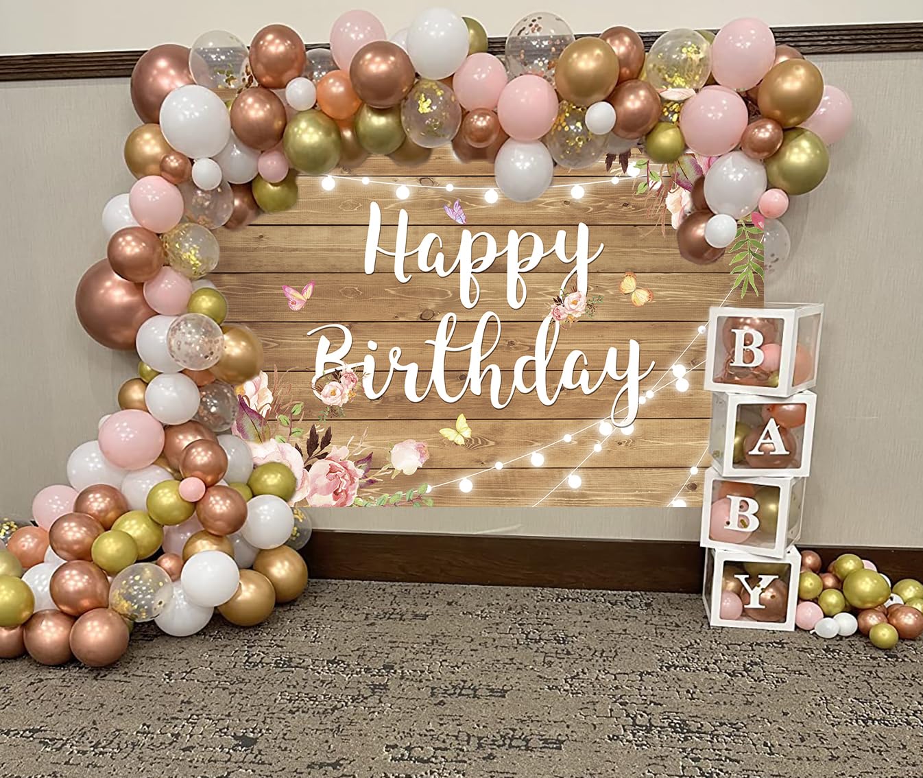 Rustic Wood Floral Birthday Backdrop Spring Flower Wood Glitter Happy Birthday Photography Background for Women Photo Booth Props Kids Adult Birthday Wedding Party Cake Table Decoration