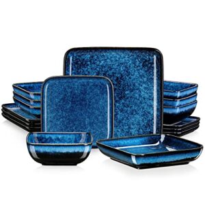 vancasso stern blue dinner set square reactive glaze tableware 16 pieces kitchen dinnerware stoneware crockery set with dinner plate, dessert plate, bowl and soup plate service for 4