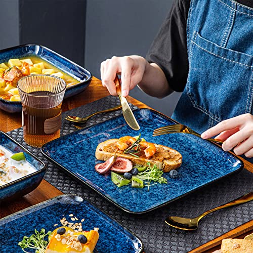 vancasso Stern Blue Dinner Set Square Reactive Glaze Tableware 16 Pieces Kitchen Dinnerware Stoneware Crockery Set with Dinner Plate, Dessert Plate, Bowl and Soup Plate Service for 4