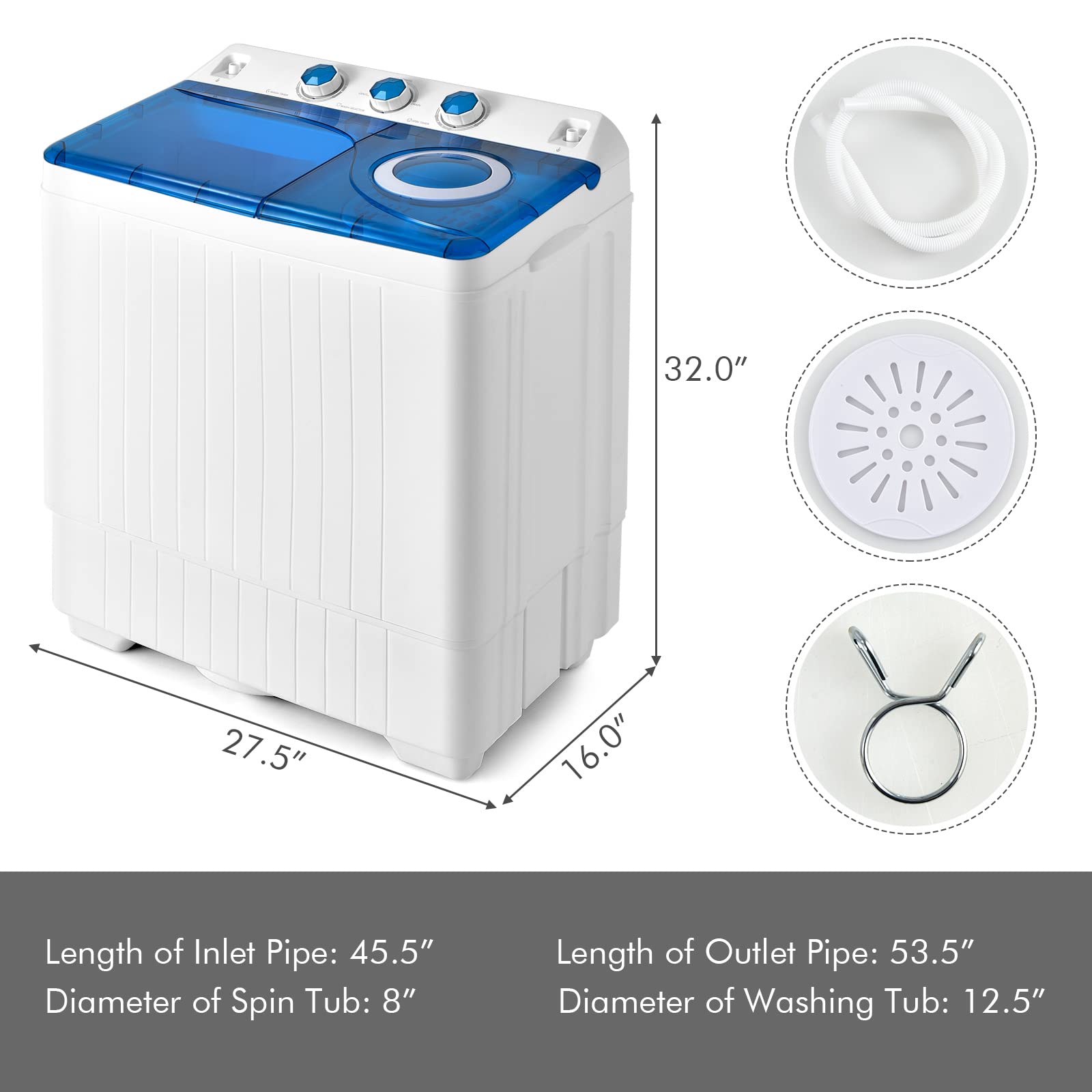 COSTWAY Portable Washing Machine, 2-in-1 Twin Tub 26lbs Capacity Washer(18lbs) and Spinner(8lbs) with Control Knobs, Timer Function, Drain Pump, Compact Laundry Washer for Home Apartment RV, Blue