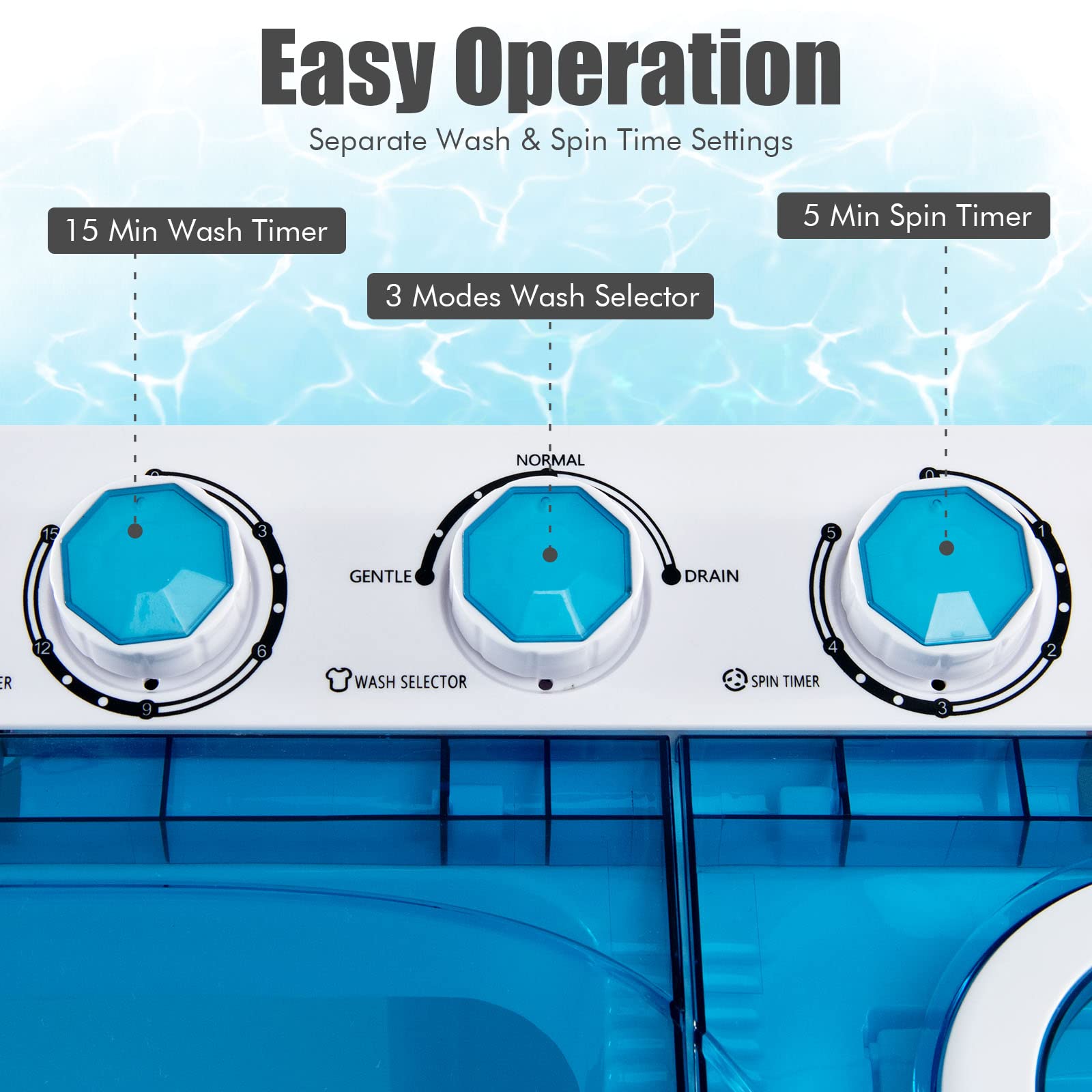COSTWAY Portable Washing Machine, 2-in-1 Twin Tub 26lbs Capacity Washer(18lbs) and Spinner(8lbs) with Control Knobs, Timer Function, Drain Pump, Compact Laundry Washer for Home Apartment RV, Blue