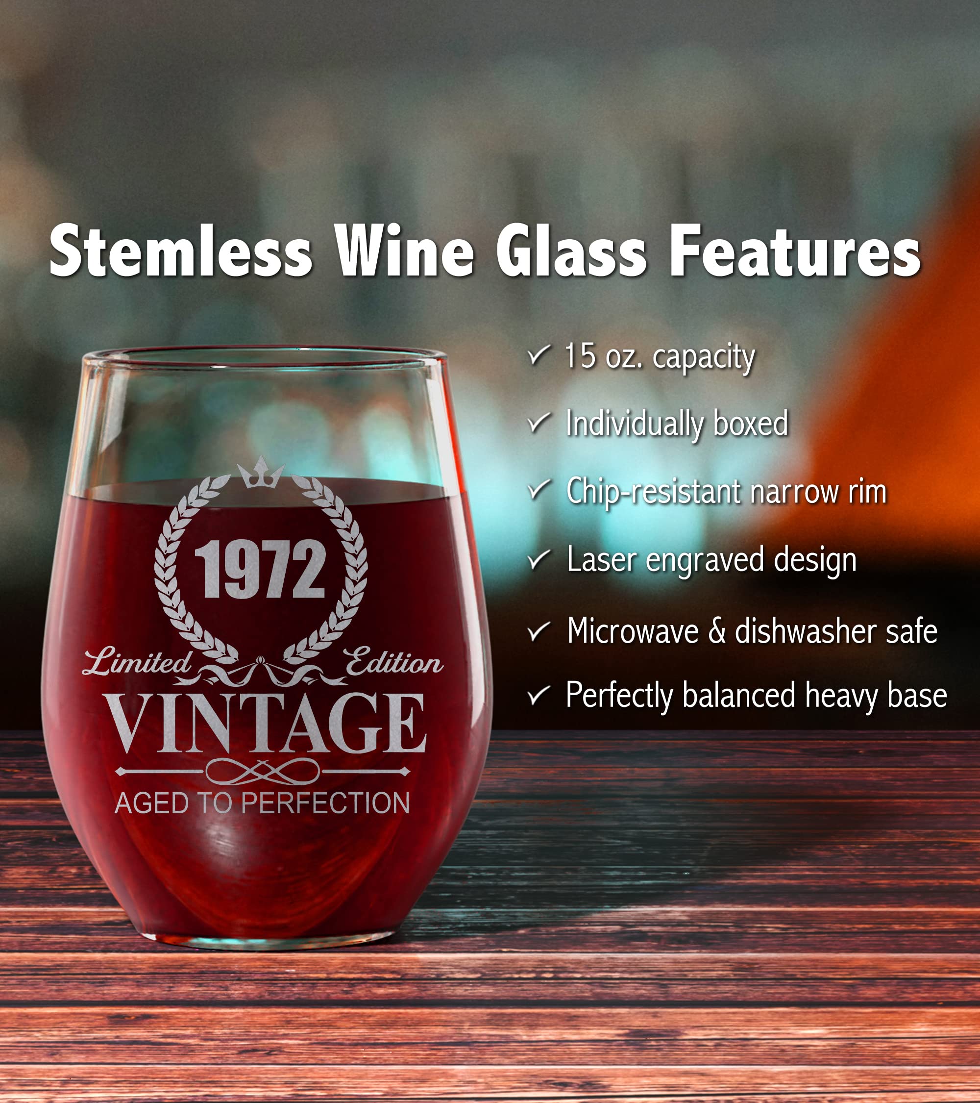 Vintage 1972 Stemless Wine Glass - Funny 50th Birthday Gift For Moms Grandmas Stepmoms Aunts Sisters Girlfriends Wife Friends From Daughter Son Grandchildren Husband Boyfriend Friends