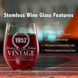 Promotion & Beyond Vintage 1952 Stemless Wine Glass - Funny 70th Birthday Gift For Moms Grandmas Stepmoms Aunts Sisters Wife Friends From Daughter Son Grandchildren Husband Friends