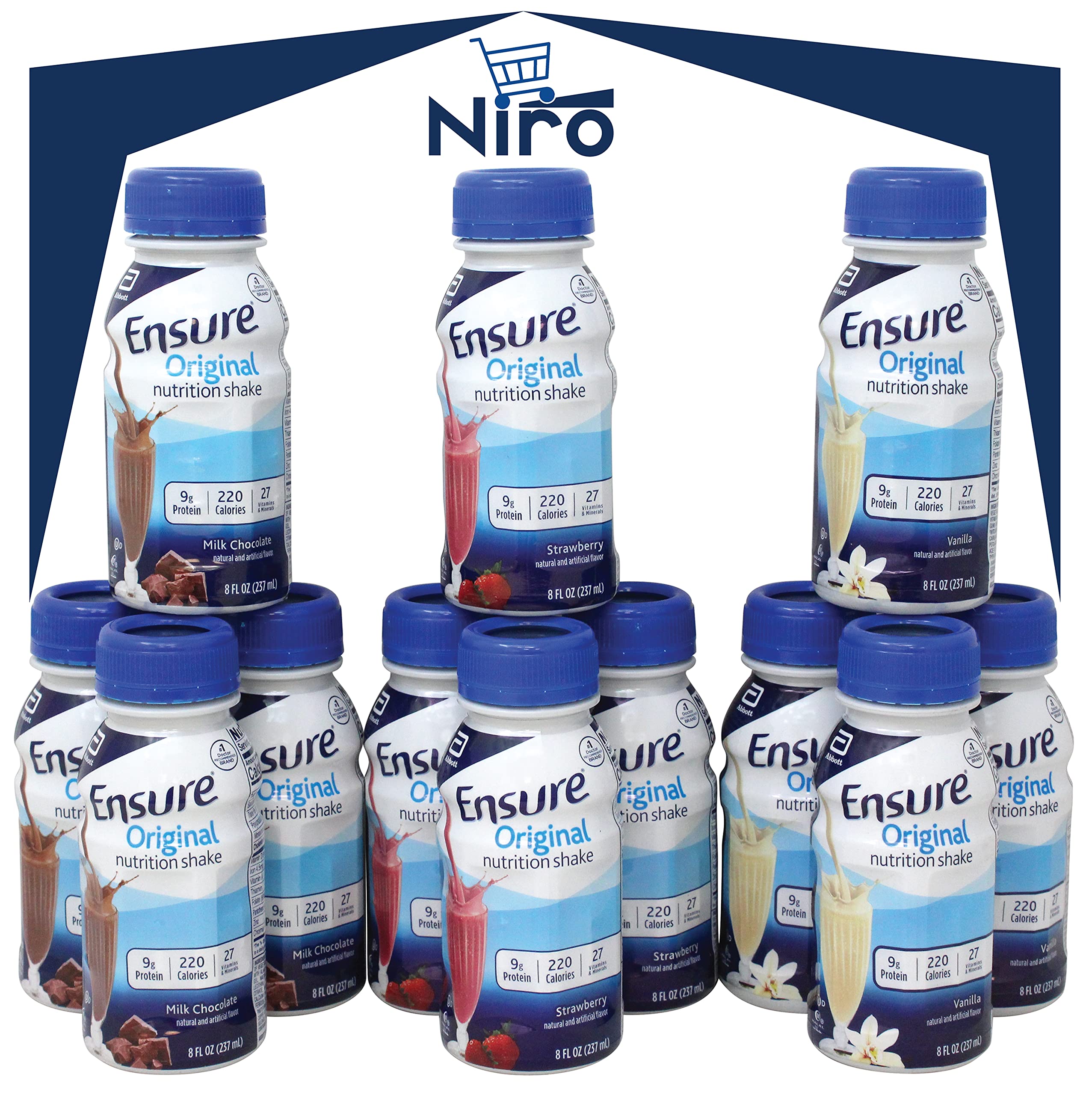 Niro Assortment | Ensure Original Nutrition Shakes | Variety Pack | Milk Chocolate Shake, Vanilla Shake, and Strawberry Flavors | Nutritional Full of Vitamins and Minerals 12 Pack | With Niro Travel Beverage Sleeve