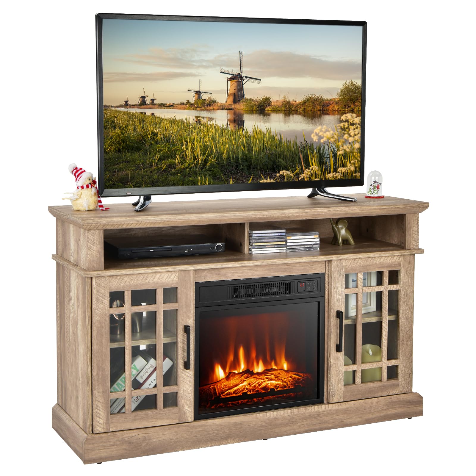 Happygrill 48 inch Electric Fireplace TV Stand with Remote Control, TV Stand with Fireplace Heater, Multifunctional Console Table with Storage Cabinets