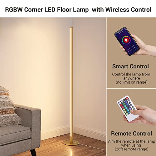 EDISHINE Modern LED Corner Floor Lamp with Smart App & Remote Control, Minimalist Dimmable Light Compatible with Alexa, Google Home, 57.5" Tall Lamp for Living Room, Bedroom (Gold)