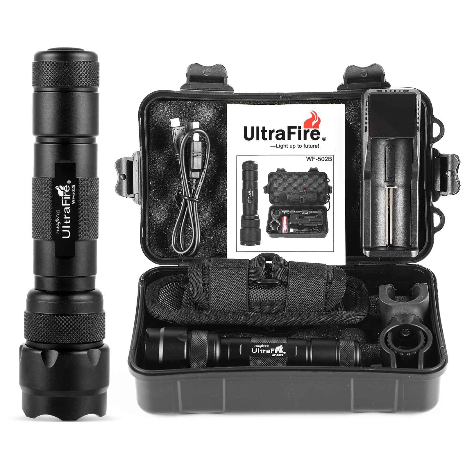 ULTRAFIRE WF-502B LED Tactical Flashlight, 5 Modes 1000 High Lumens Flashlight Torch with Duty Belt Flashlight Holster, UFB26, Bicycle Mount, USB Charger