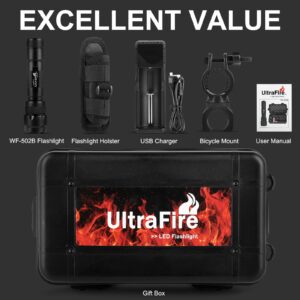 ULTRAFIRE WF-502B LED Tactical Flashlight, 5 Modes 1000 High Lumens Flashlight Torch with Duty Belt Flashlight Holster, UFB26, Bicycle Mount, USB Charger