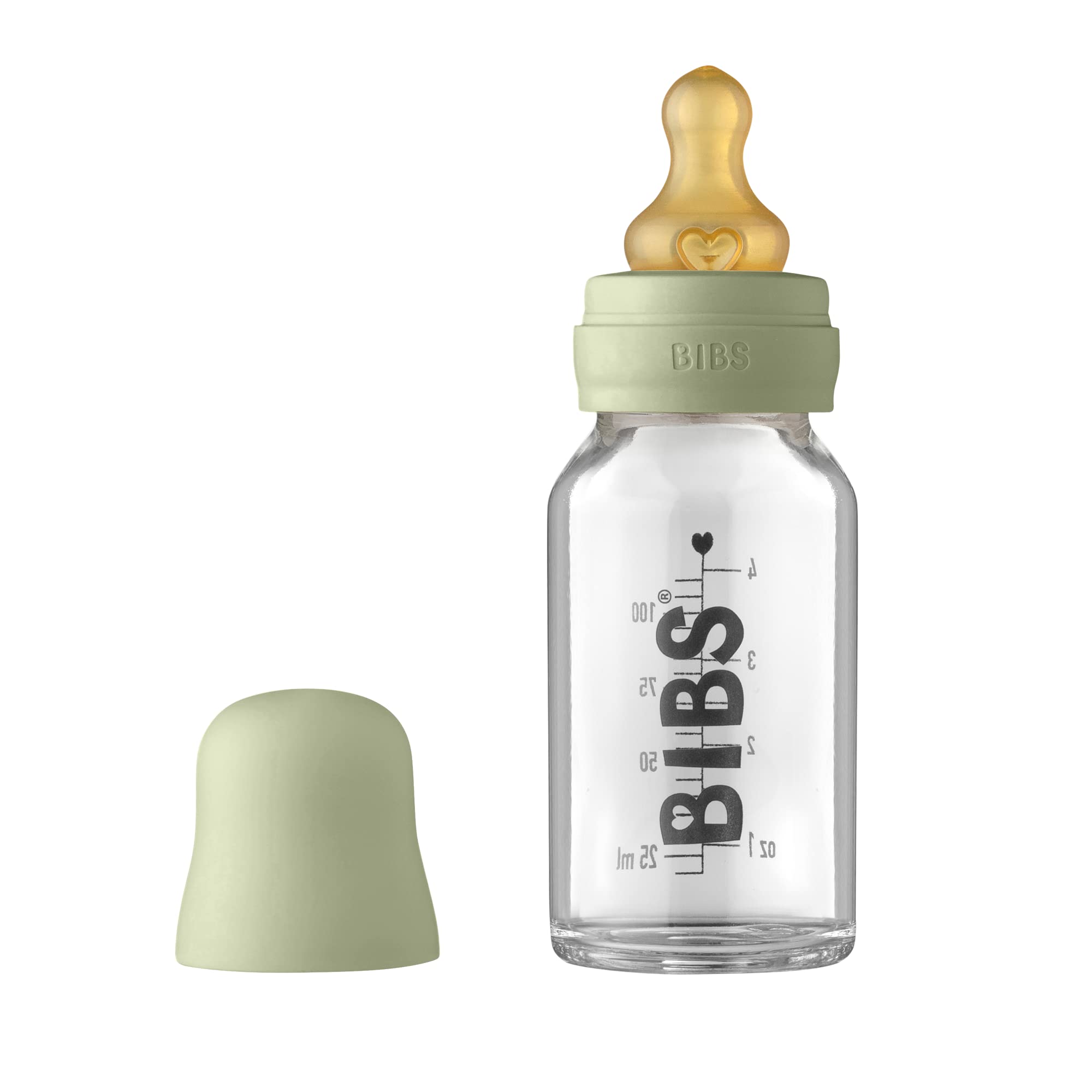 BIBS Baby Glass Bottle. Anti-Colic. Round Natural Rubber Latex Nipple. Supports Natural Breastfeeding, Complete Set - 110 ml, Sage